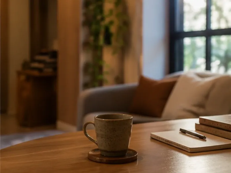 Mesa do consultório com caneca e caderno de anotações