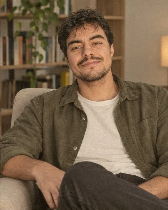 Sérgio Andrade, psicólogo, sentado em uma poltrona clara diante de uma estante de livros, sorrindo